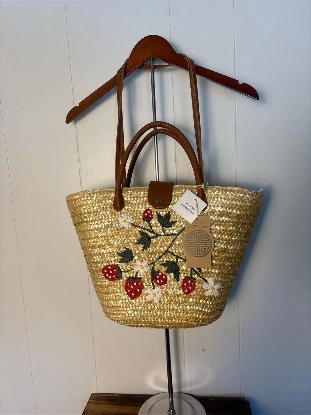 Source Unknown Straw Tote with Red Strawberry Embroidery and Tan Handles